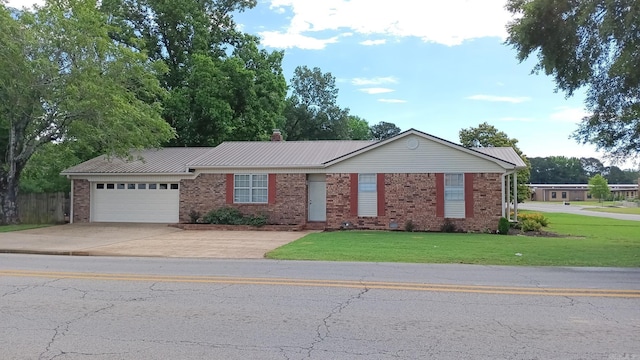 162 Cloverdale, Searcy, AR 72143 - ranch-style house with an attached garage, brick siding, driveway, metal roof, and a chimney