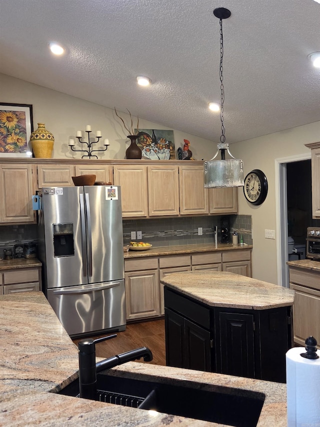 76 Justa Via Way, Hot Springs Village, AR 71909 - kitchen with stainless steel fridge with ice dispenser, tasteful backsplash, dark wood-style floors, light brown cabinets, and vaulted ceiling