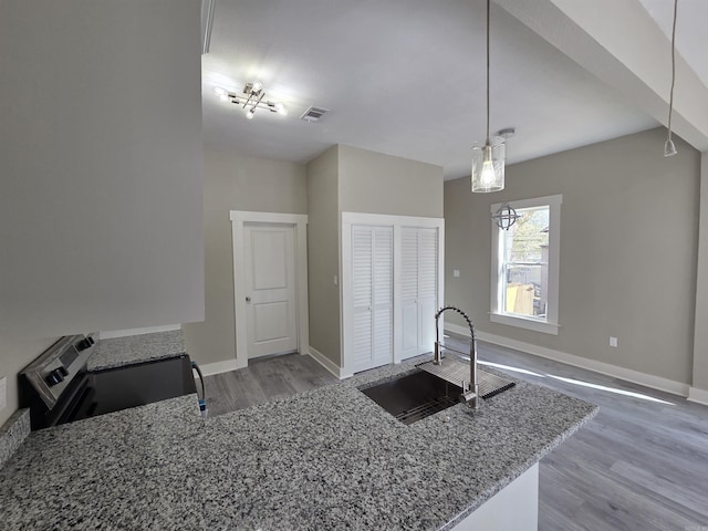 1017 Jefferson, Little Rock, AR 72204 - kitchen featuring a sink, stainless steel electric range oven, wood finished floors, light stone counters, and baseboards