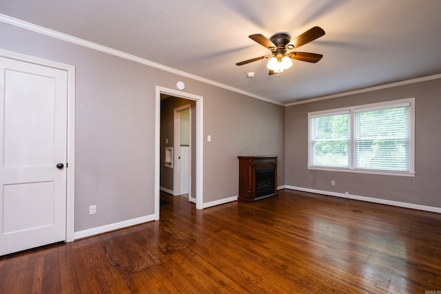 15 Coolwood Dr, Little Rock, AR 72202 - unfurnished living room with a ceiling fan, baseboards, ornamental molding, wood finished floors, and a fireplace