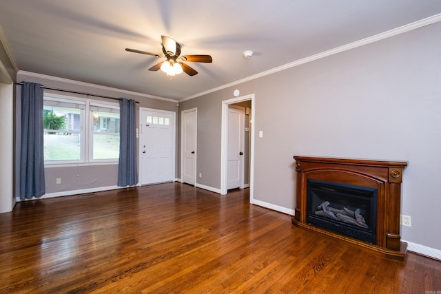15 Coolwood Dr, Little Rock, AR 72202 - unfurnished living room featuring wood finished floors, ceiling fan, a fireplace, baseboards, and ornamental molding
