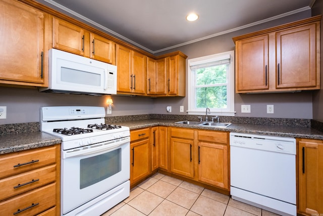 15 Coolwood Dr, Little Rock, AR 72202 - kitchen featuring white appliances, a sink, light tile patterned floors, dark countertops, and crown molding