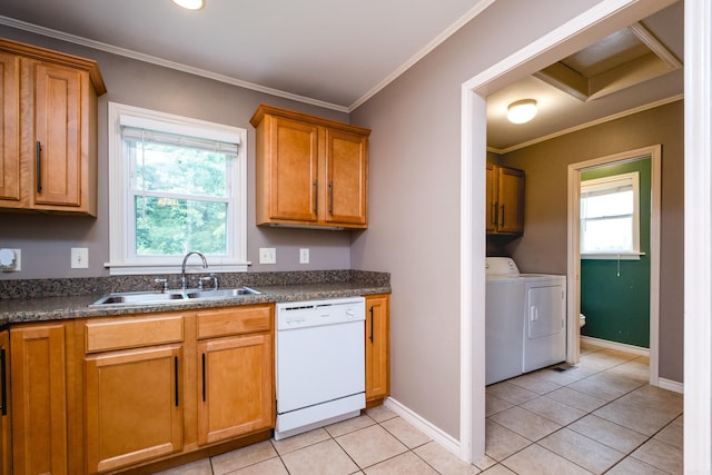 15 Coolwood Dr, Little Rock, AR 72202 - kitchen with white dishwasher, a sink, washer and clothes dryer, light tile patterned floors, and crown molding