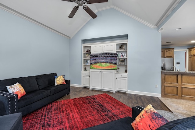 110 Clervaux Cir, Little Rock, AR 72223 - living area featuring ceiling fan, dark wood-style floors, ornamental molding, lofted ceiling, and baseboards