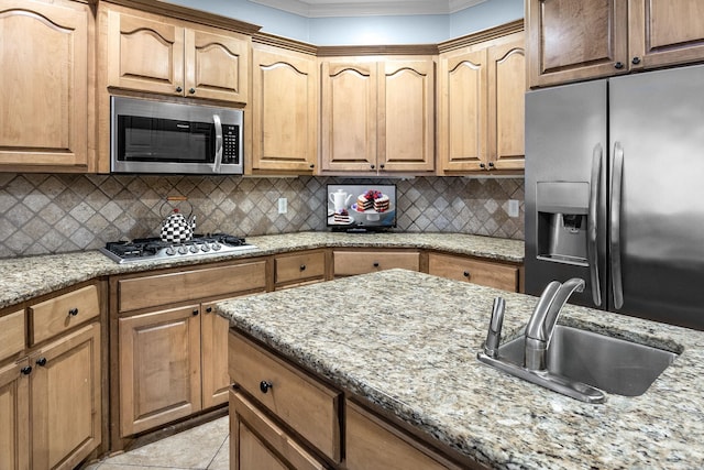 110 Clervaux Cir, Little Rock, AR 72223 - kitchen featuring stainless steel appliances, a sink, tasteful backsplash, light stone countertops, and crown molding
