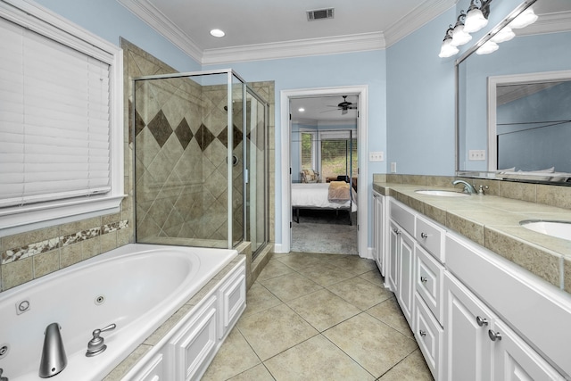 110 Clervaux Cir, Little Rock, AR 72223 - ensuite bathroom with a stall shower, a tub with jets, tile patterned flooring, crown molding, and double vanity