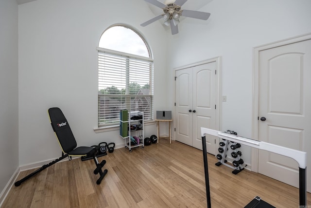 110 Clervaux Cir, Little Rock, AR 72223 - workout area featuring a ceiling fan, wood finished floors, and baseboards