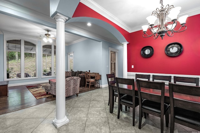 110 Clervaux Cir, Little Rock, AR 72223 - dining room with ornate columns, ornamental molding, ceiling fan, baseboards, and a chandelier