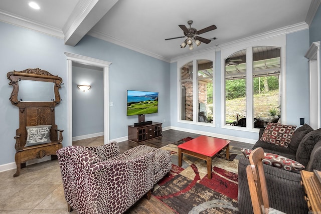 110 Clervaux Cir, Little Rock, AR 72223 - living area with ornamental molding, baseboards, ceiling fan, tile patterned floors, and recessed lighting