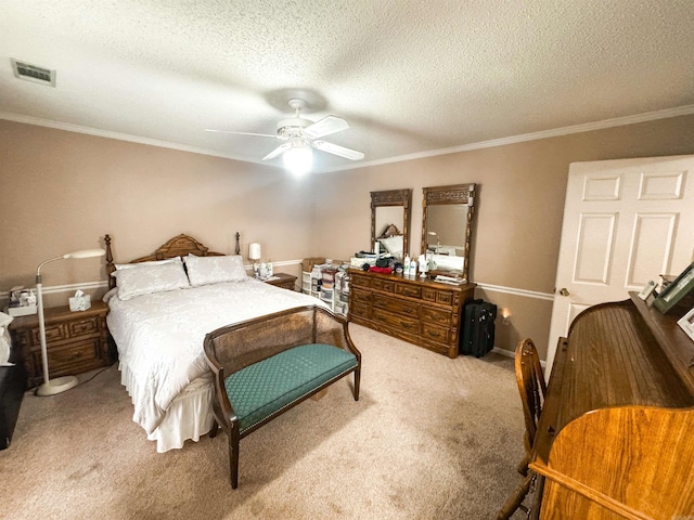 53 White Oak Cir, Searcy, AR 72143 - carpeted bedroom with crown molding, a textured ceiling, and a ceiling fan