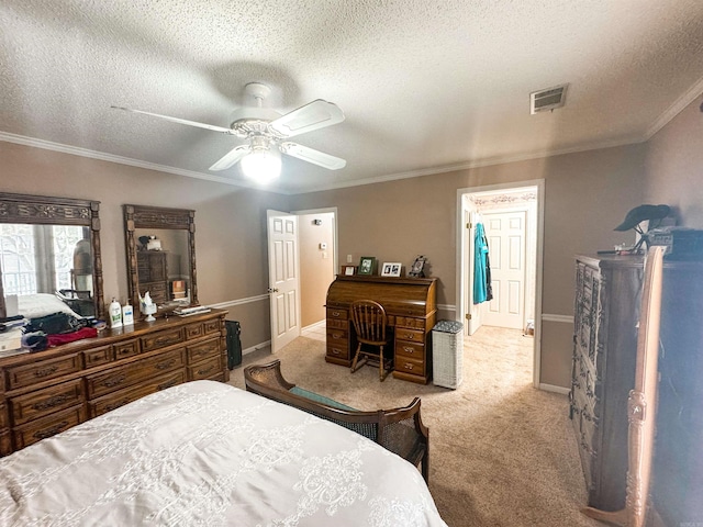 53 White Oak Cir, Searcy, AR 72143 - carpeted bedroom with a textured ceiling, baseboards, crown molding, and a ceiling fan