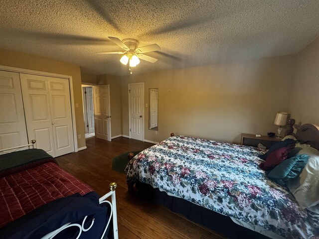 53 White Oak Cir, Searcy, AR 72143 - bedroom featuring wood finished floors, a closet, ceiling fan, a textured ceiling, and baseboards