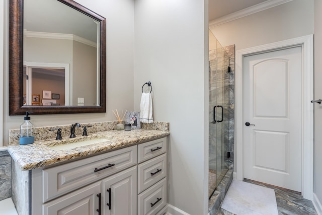 43 Tournay Cir, Little Rock, AR 72223 - bathroom with ornamental molding, a shower stall, vanity, and marble finish flooring