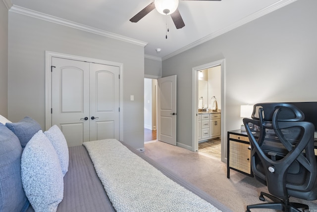 43 Tournay Cir, Little Rock, AR 72223 - bedroom featuring ornamental molding, a closet, light colored carpet, an office area, and a ceiling fan