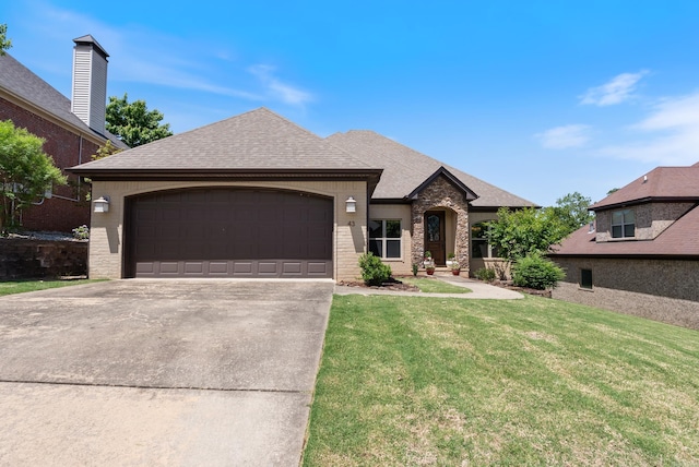 43 Tournay Cir, Little Rock, AR 72223 - french country style house with an attached garage, a front yard, driveway, brick siding, and roof with shingles