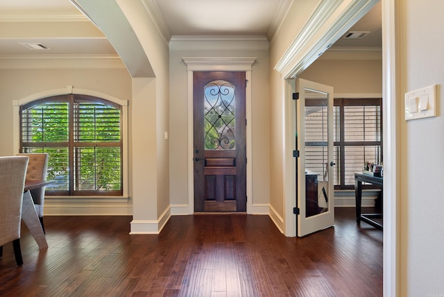 43 Tournay Cir, Little Rock, AR 72223 - foyer entrance with dark wood finished floors, baseboards, french doors, and ornamental molding