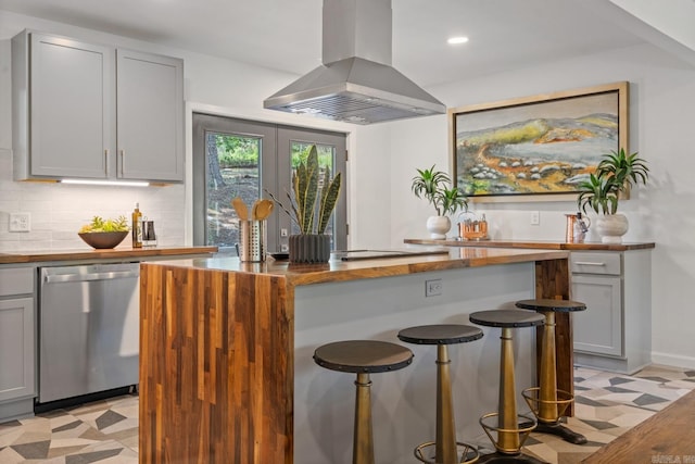 136 Buster Reed Dr, Hot Springs, AR 71913 - kitchen with dishwasher, island range hood, gray cabinetry, light floors, and recessed lighting