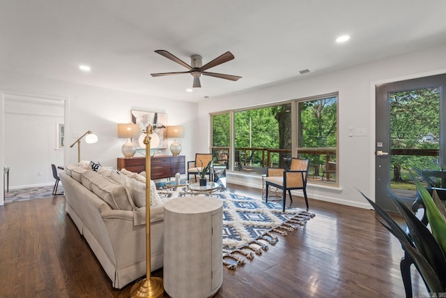 136 Buster Reed Dr, Hot Springs, AR 71913 - living room featuring ceiling fan, recessed lighting, dark wood-style flooring, and baseboards