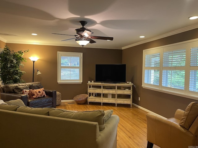 8 Evergreen Ct, Little Rock, AR 72227 - living room with plenty of natural light, light wood-style floors, crown molding, ceiling fan, and baseboards