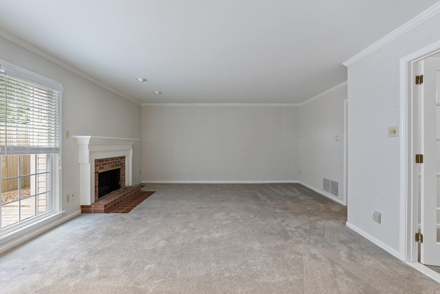 2805 Foxcroft Rd Unit 602, Little Rock, AR 72227 - unfurnished living room with healthy amount of natural light, carpet, crown molding, a brick fireplace, and baseboards