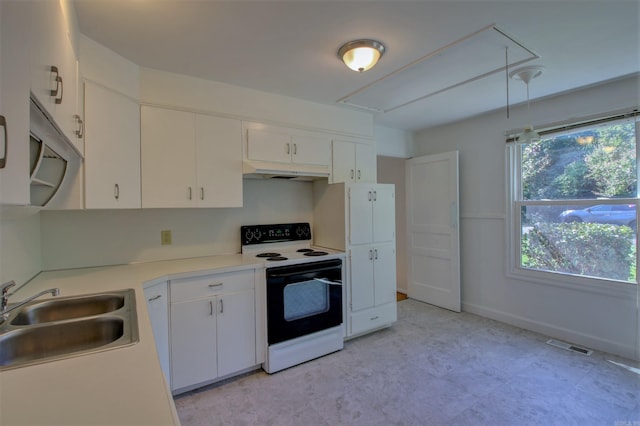 6800 Stamps Ct, Little Rock, AR 72207 - kitchen with electric range oven, a sink, white cabinetry, light countertops, and under cabinet range hood