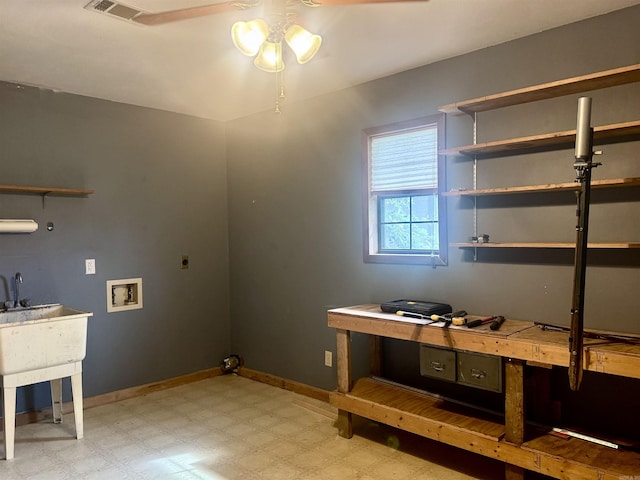 105 Traci Ln, Heber Springs, AR 72543 - laundry area featuring light flooring, ceiling fan, hookup for a washing machine, electric dryer hookup, and baseboards