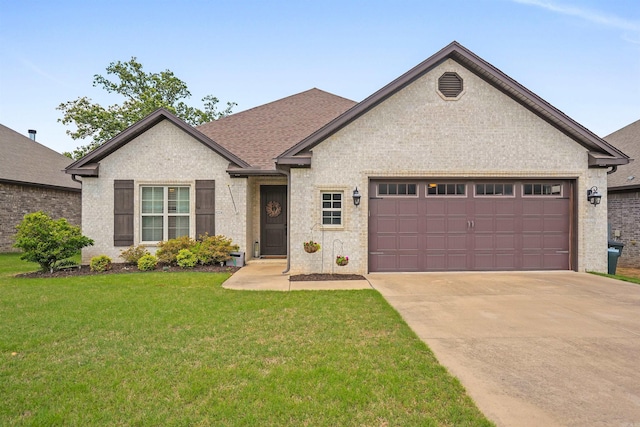 9224 Meadow Gardens Cir, Sherwood, AR 72120 - view of front of house featuring a garage, concrete driveway, a front lawn, brick siding, and a shingled roof