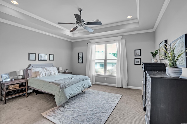 9224 Meadow Gardens Cir, Sherwood, AR 72120 - bedroom featuring light carpet, crown molding, a raised ceiling, baseboards, and recessed lighting