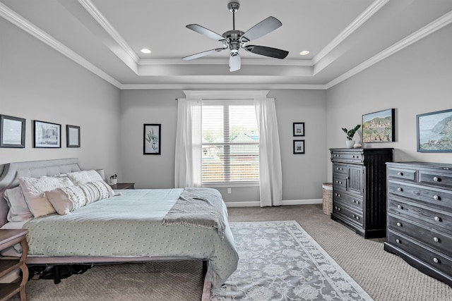 9224 Meadow Gardens Cir, Sherwood, AR 72120 - bedroom with a raised ceiling, carpet floors, baseboards, crown molding, and ceiling fan