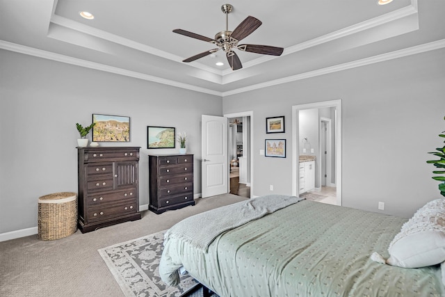 9224 Meadow Gardens Cir, Sherwood, AR 72120 - bedroom with a tray ceiling, light carpet, recessed lighting, baseboards, and ornamental molding