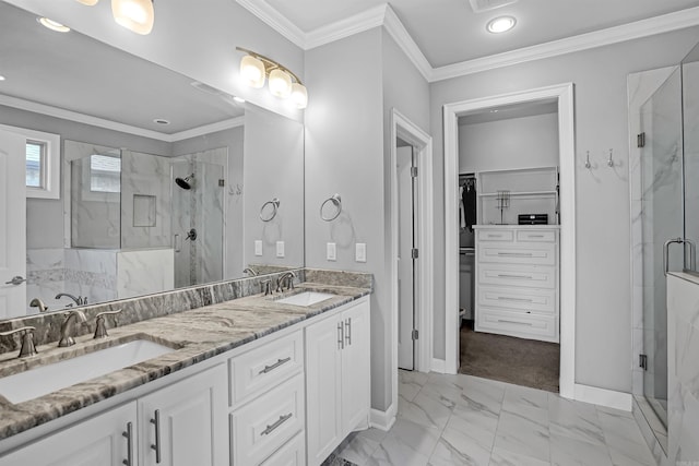 9224 Meadow Gardens Cir, Sherwood, AR 72120 - bathroom featuring a marble finish shower, a spacious closet, marble look tile flooring, double vanity, and ornamental molding