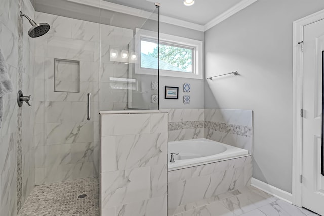 9224 Meadow Gardens Cir, Sherwood, AR 72120 - bathroom with tiled shower, marble look tile flooring, a garden tub, ornamental molding, and baseboards