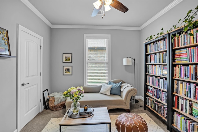 9224 Meadow Gardens Cir, Sherwood, AR 72120 - sitting room featuring carpet flooring, ceiling fan, crown molding, and baseboards