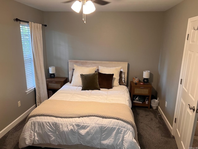 bedroom featuring carpet, baseboards, and a ceiling fan