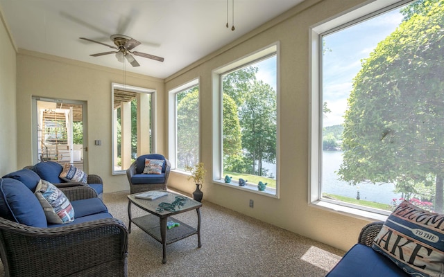 12 Sacedon Trce, Hot Springs Village, AR 71909 - sunroom with ceiling fan, healthy amount of natural light, and carpet floors