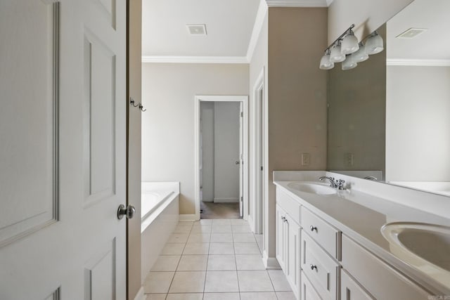 113 Shady Dr, Maumelle, AR 72113 - bathroom with ornamental molding, double vanity, tile patterned floors, a garden tub, and baseboards