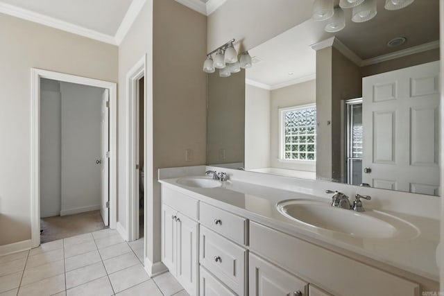 113 Shady Dr, Maumelle, AR 72113 - full bath featuring crown molding, tile patterned flooring, a stall shower, baseboards, and double vanity