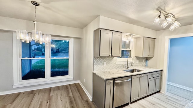 kitchen with a sink, gray cabinets, and dishwasher