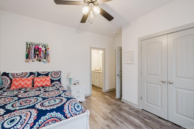 92 Hudson Dr, Sheridan, AR 72150 - bedroom with light wood-type flooring, a closet, ceiling fan, and baseboards