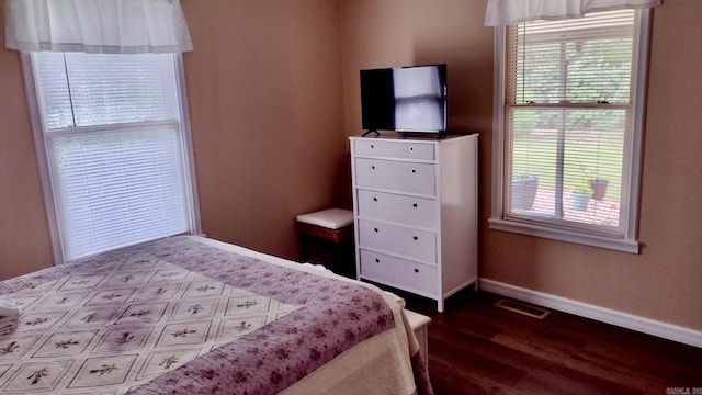 bedroom featuring baseboards, dark wood finished floors, and multiple windows
