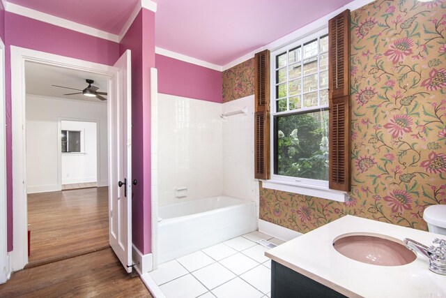 2108 Beechwood, Little Rock, AR 72207 - full bath with crown molding, wallpapered walls,  shower combination, vanity, and wood finished floors
