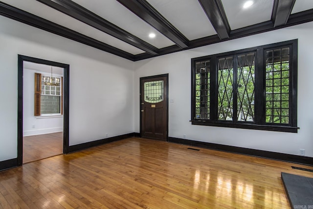 2108 Beechwood, Little Rock, AR 72207 - entryway with beamed ceiling, wood-type flooring, baseboards, and recessed lighting