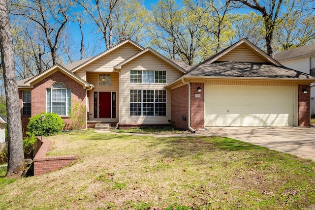 1505 Cherry Brook Dr, Little Rock, AR 72211 - ranch-style home featuring brick siding, a garage, concrete driveway, a front lawn, and roof with shingles
