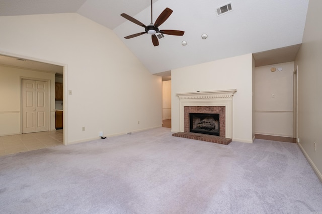1505 Cherry Brook Dr, Little Rock, AR 72211 - unfurnished living room with a ceiling fan, carpet flooring, a brick fireplace, baseboards, and high vaulted ceiling
