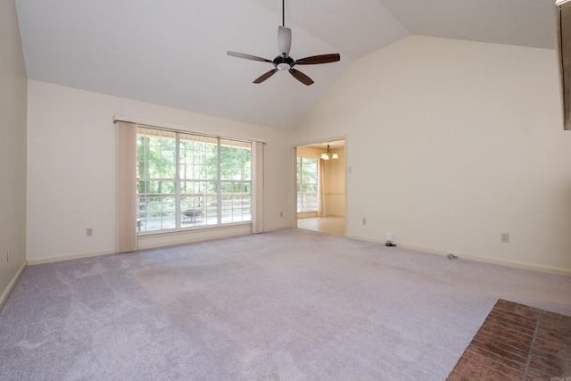 1505 Cherry Brook Dr, Little Rock, AR 72211 - spare room featuring ceiling fan, light colored carpet, high vaulted ceiling, and baseboards