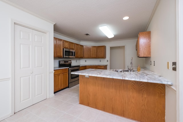 1505 Cherry Brook Dr, Little Rock, AR 72211 - kitchen featuring appliances with stainless steel finishes, a peninsula, brown cabinets, a sink, and ornamental molding