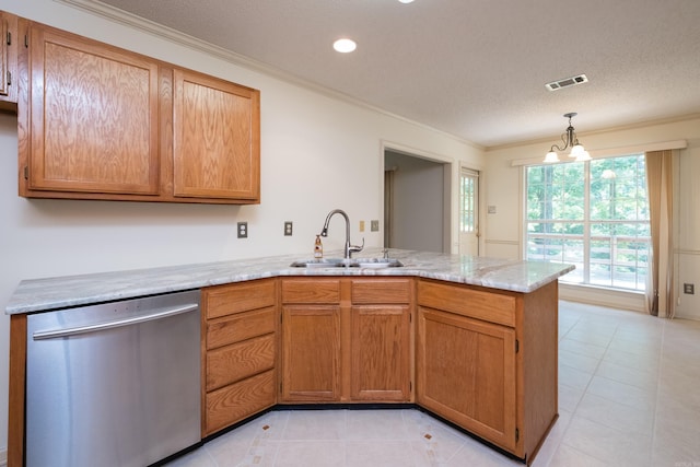 1505 Cherry Brook Dr, Little Rock, AR 72211 - kitchen with stainless steel dishwasher, a sink, a peninsula, crown molding, and light tile patterned flooring