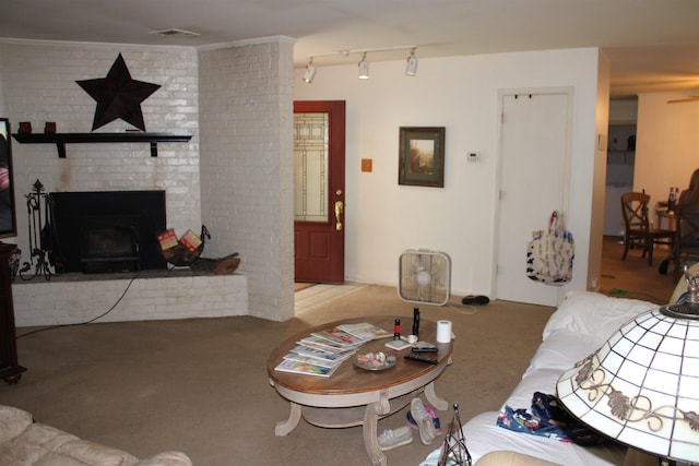 carpeted living area featuring track lighting