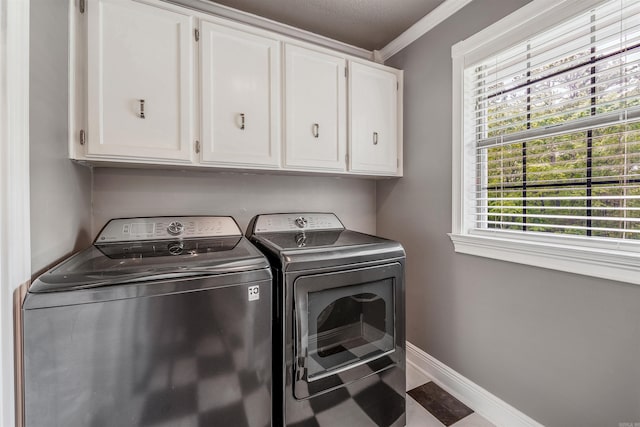 77 Stoneledge Dr, Maumelle, AR 72113 - washroom featuring independent washer and dryer, cabinet space, crown molding, and baseboards