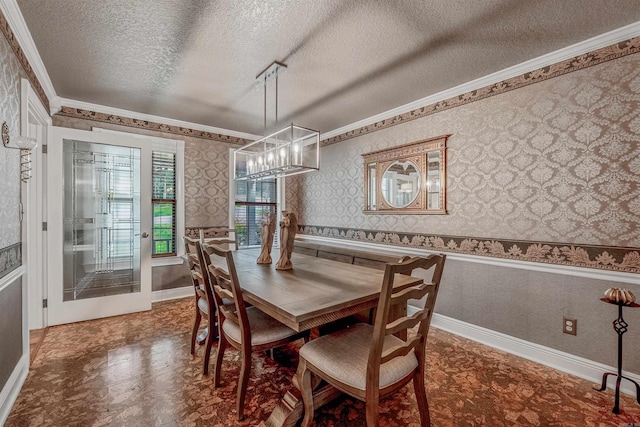 77 Stoneledge Dr, Maumelle, AR 72113 - dining room featuring wallpapered walls, crown molding, a chandelier, baseboards, and a textured ceiling